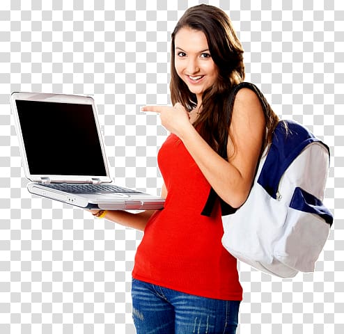 woman standing while pointing and holding white laptop computer, World Touch Computer Education Institute Course Training Learn Computer, estudiante transparent background PNG clipart
