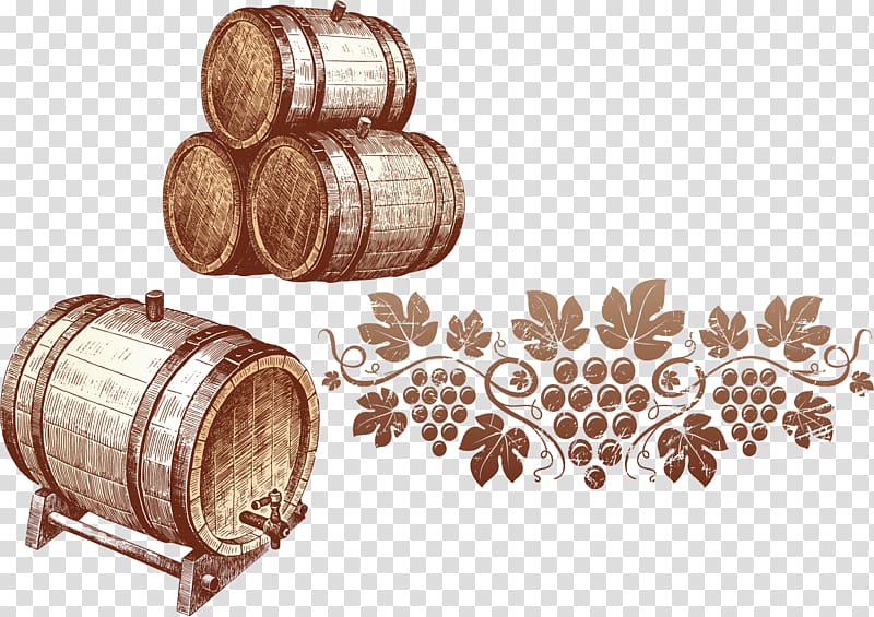 brown barrels illustration, Thornton Winery Common Grape Vine Drawing Winemaking, Hand-painted wine barrel transparent background PNG clipart