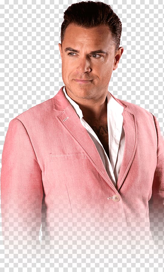 man wearing orange notched lapel blazer, Robbie Williams Pink Suit transparent background PNG clipart