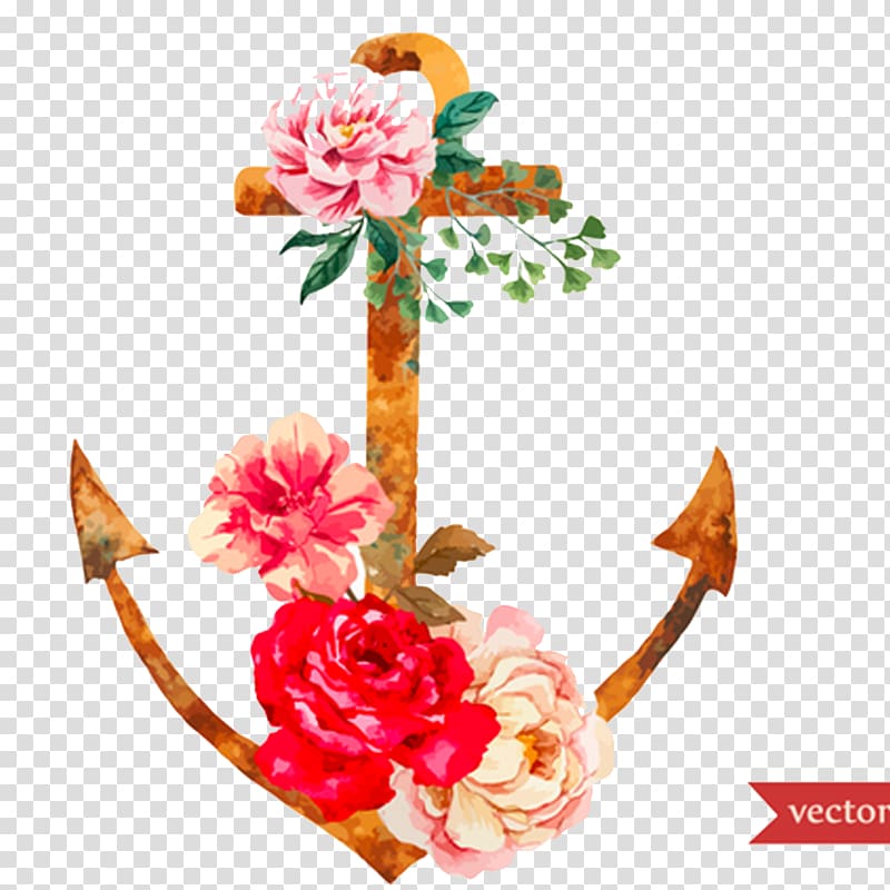 Flower Anchor Illustration, Watercolor roses and anchor elements transparent background PNG clipart