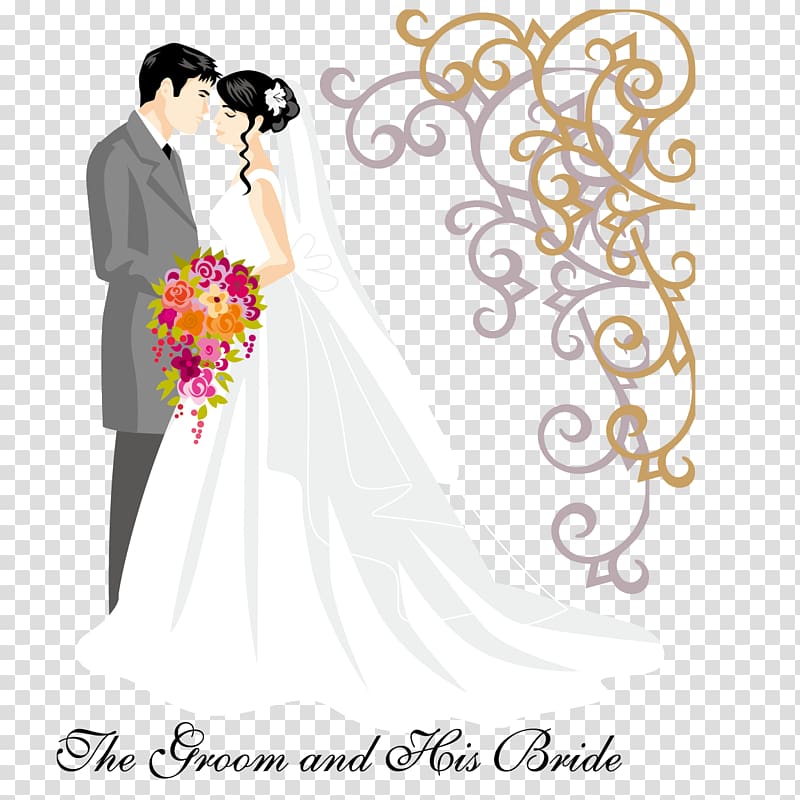 groom and bride illustration with text overlay, Marriage Bride, The happy couple transparent background PNG clipart