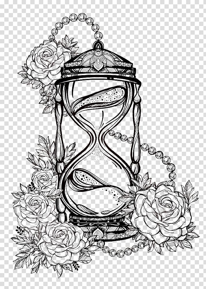 glass hour and flowers illustration, Drawing Hourglass Sketch, Rose lines hourglass transparent background PNG clipart