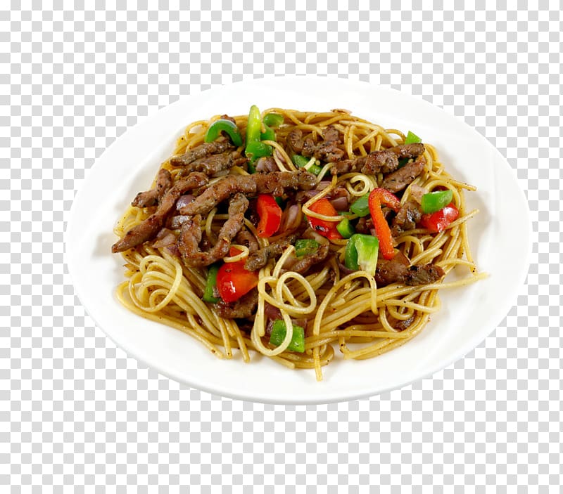 Black pepper Pasta Steak Teppanyaki Spaghetti, Plate of black pepper beef powder transparent background PNG clipart