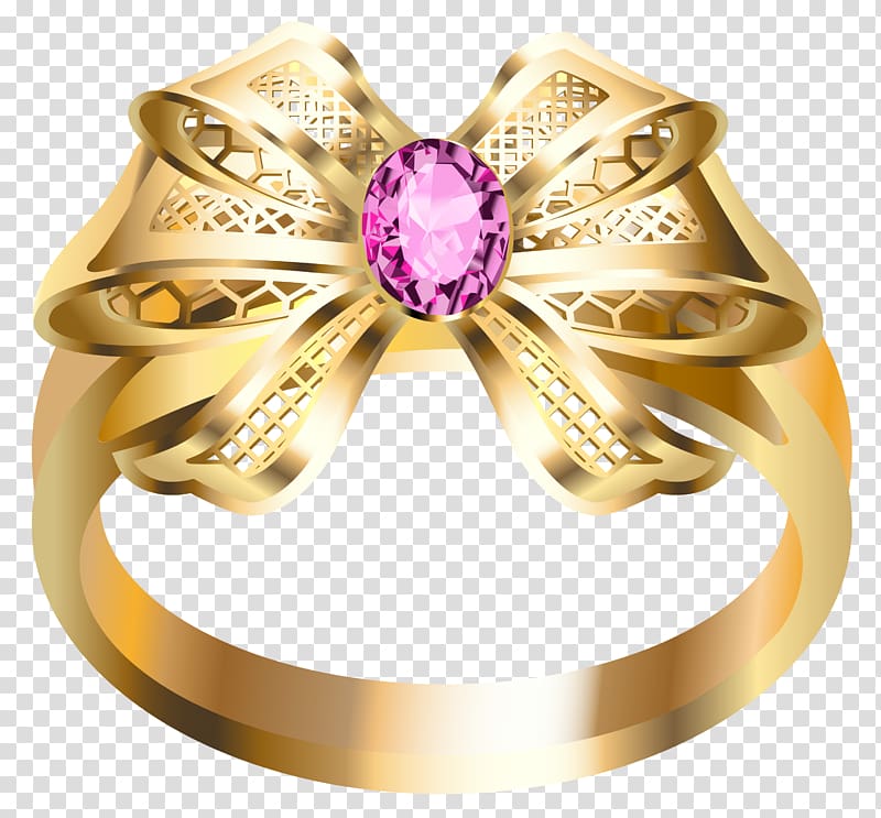 gold ring illustration, Earring Jewellery Diamond Gold, Gold Ring with Pink Diamond and Bow transparent background PNG clipart