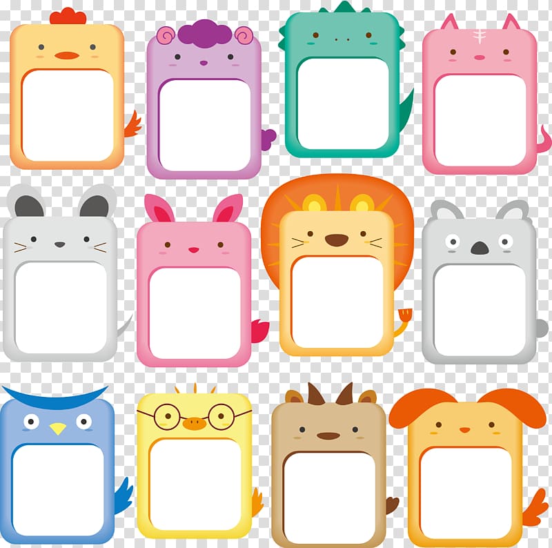 Drawing Animal , Cute animals collection Frame, twelve assorted-animal-and-color icons transparent background PNG clipart