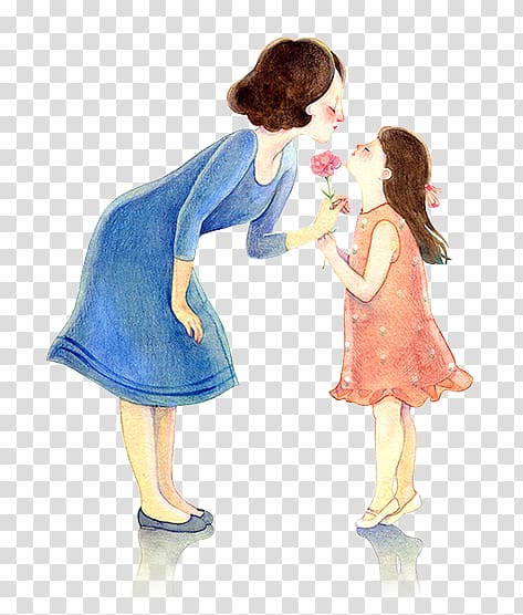 woman and girl holding pink flower painting, Mothers Day Gift Paper Wedding, Mother and daughter transparent background PNG clipart