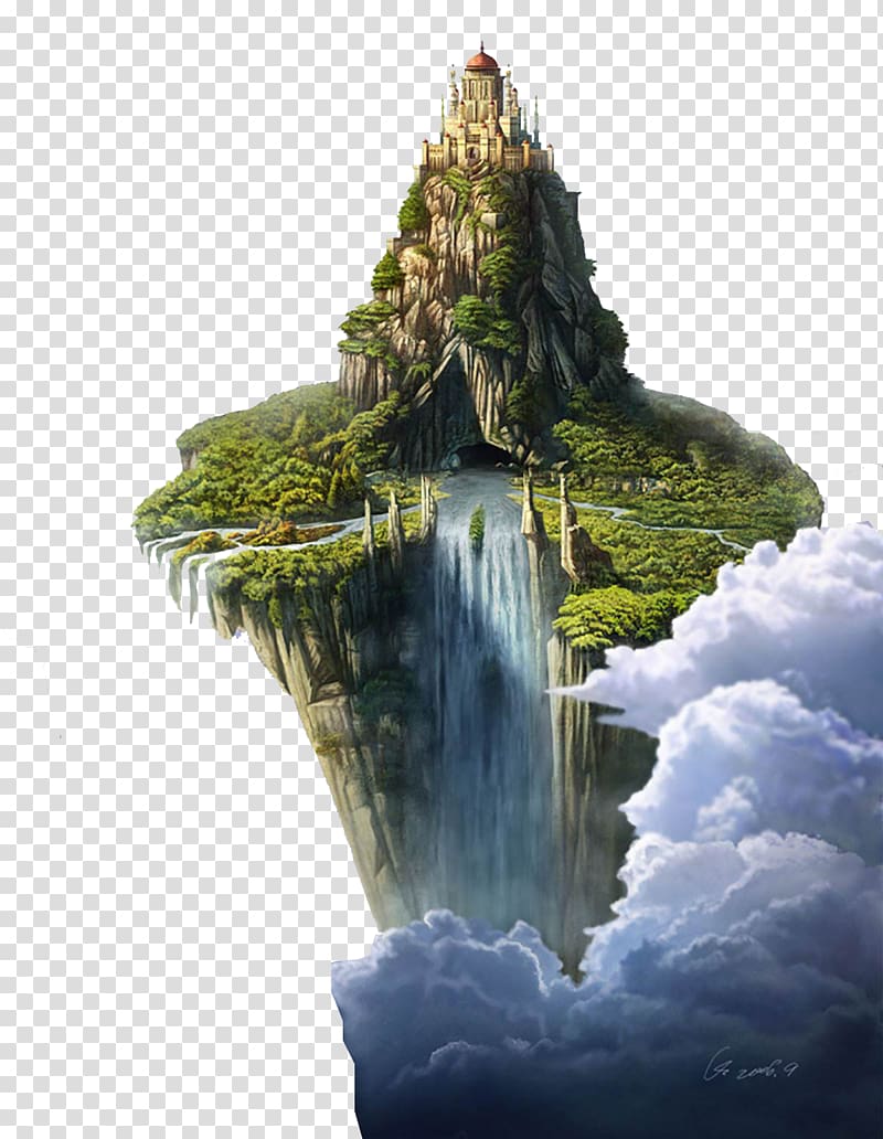 waterfalls beside building , Dragon Ball FighterZ The Floating Islands Earth, Air island transparent background PNG clipart