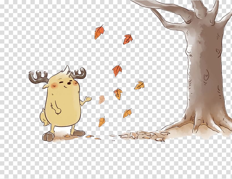 Reindeer Cartoon Illustration, Man leaves hand-painted small Deer transparent background PNG clipart