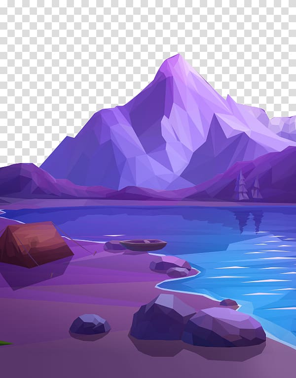 purple mountain near body of water , Low poly Art , Mountain lakes transparent background PNG clipart