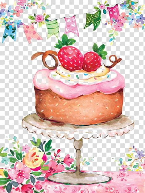 pink and brown icing covered cake illustration, Birthday cake Strawberry cream cake Illustration, Strawberry Cake transparent background PNG clipart