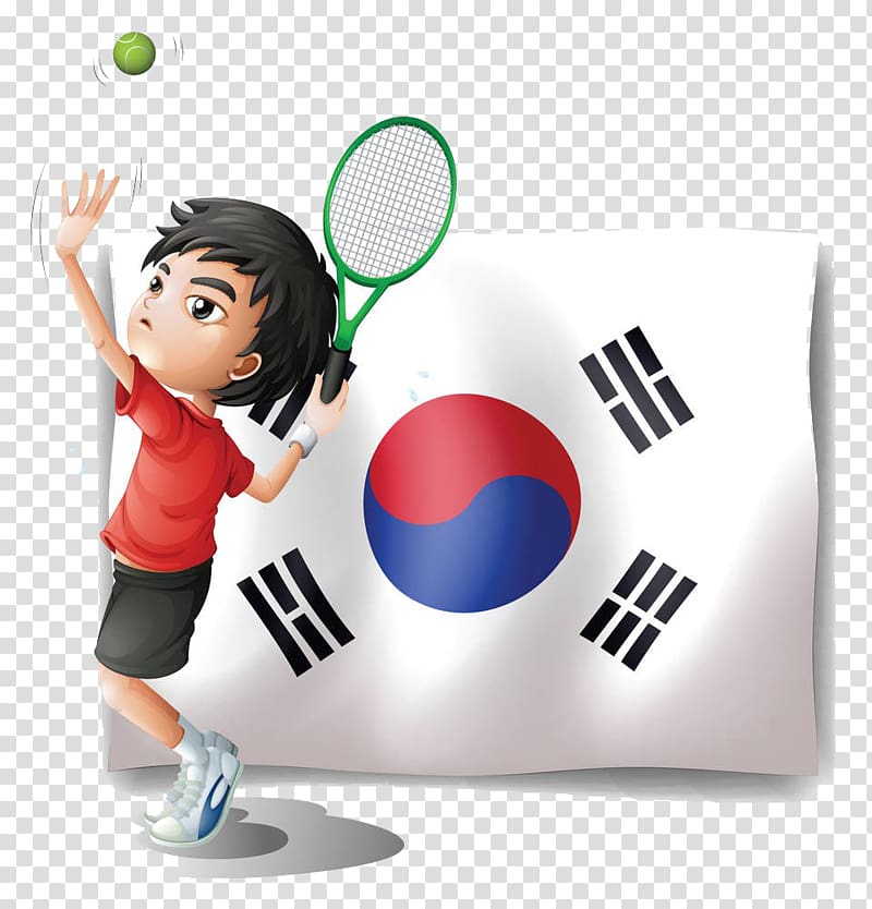 Flag of South Korea Illustration, Playing tennis before the flag transparent background PNG clipart