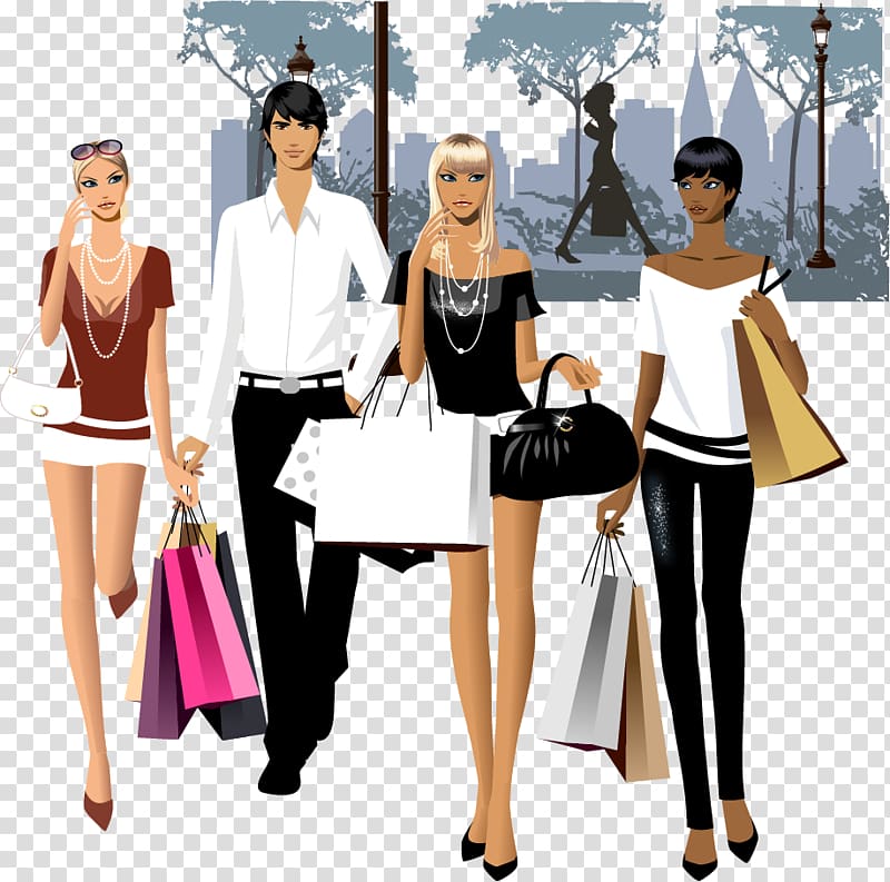 Shopping bag Fashion illustration, fashionable men and women shopping together transparent background PNG clipart
