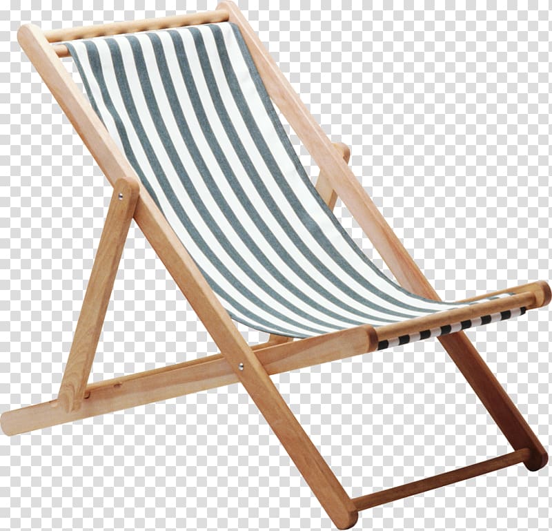 brown wooden frame white and black striped padded folding chaise lounge, Deckchair Wing chair, Beach chairs transparent background PNG clipart