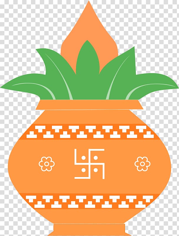 orange vase with green plant illustration, Kalash Symbol Weddings in India , Orange flower transparent background PNG clipart