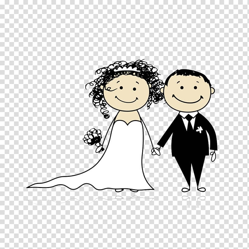 Cartoon Illustration, Bride and groom hand in hand transparent background PNG clipart