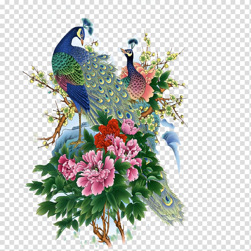 two peacocks with flowers illustration, Asiatic peafowl Bird Painting, Birds and Flowers transparent background PNG clipart