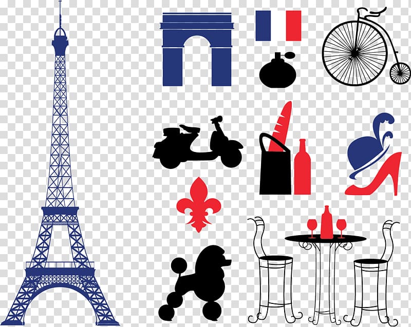 silhouette of various Paris products and landmarks , Eiffel Tower Euclidean , Paris icon transparent background PNG clipart