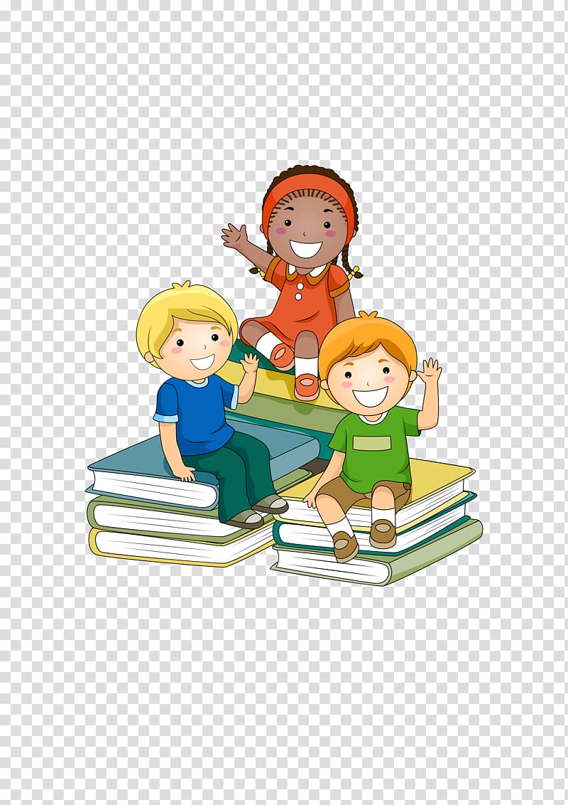 three children sitting on books graphic illustration, Learning Child School , Children sitting on books transparent background PNG clipart