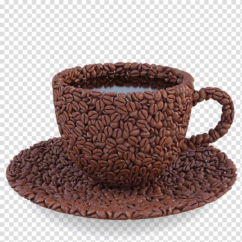 brown coffee cup with saucer illustration, Coffee bean Tea Espresso Cappuccino, Cup of coffee beans combined transparent background PNG clipart