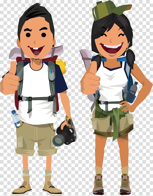 boy and girl laughing while showing thumbs up art, Cartoon Adventure Tourism Illustration, Couple transparent background PNG clipart