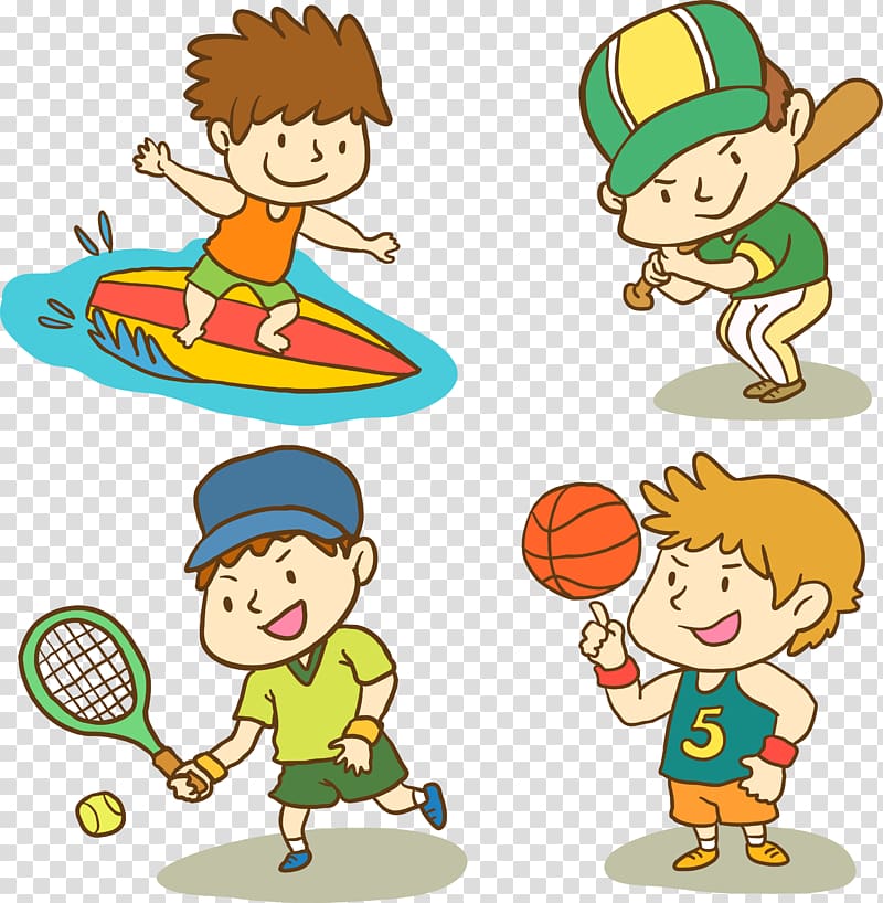 four boy holding assorted-color sports toy illustration, Cartoon Child Sport, cartoon kids sports transparent background PNG clipart