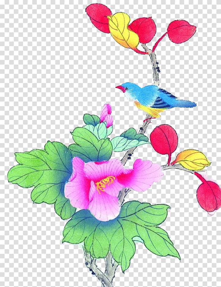 Bird-and-flower painting Gongbi Ink wash painting Chinese painting, peony transparent background PNG clipart