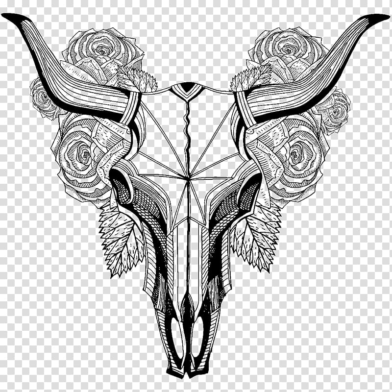 Tattoo Cattle Skull Rose Bird, skull transparent background PNG clipart