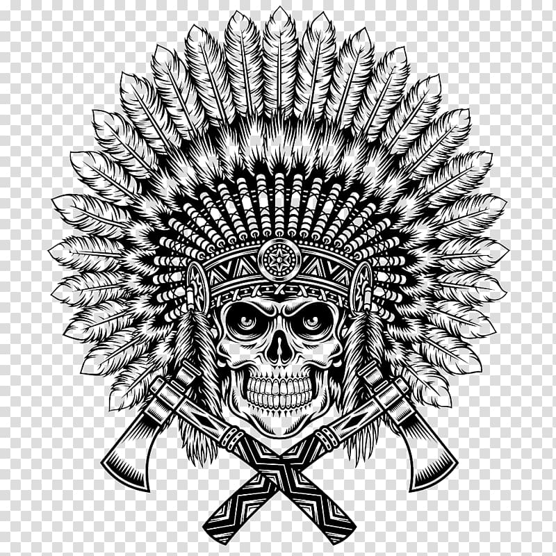 native american headdress and skull drawing