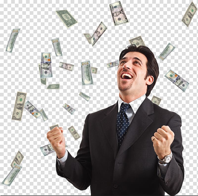 man looking at falling US dollar banknote, The Encyclopedia of Epic Films Money Finance God Person, Successful man with banknote transparent background PNG clipart
