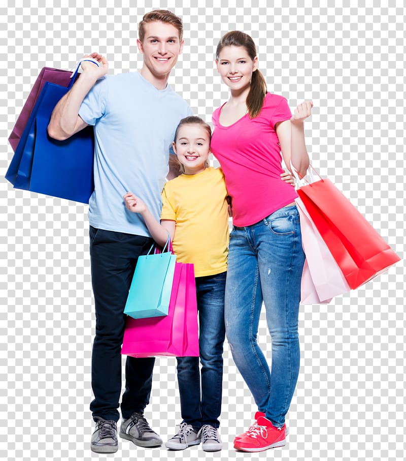 girl standing between man and woman, Shopping Family Retail, shopping bag transparent background PNG clipart