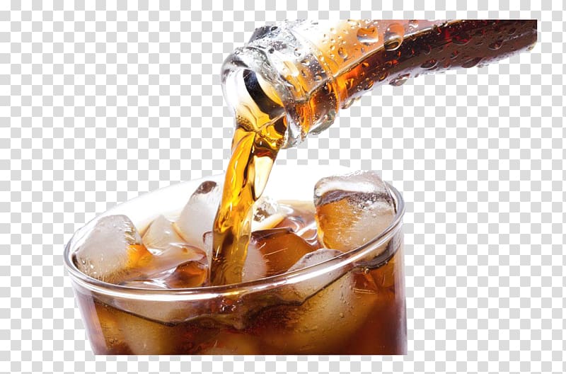 brown liquid pouring in clear drinking glass with ices, Soft drink Coca-Cola Beer Juice, coke drink transparent background PNG clipart