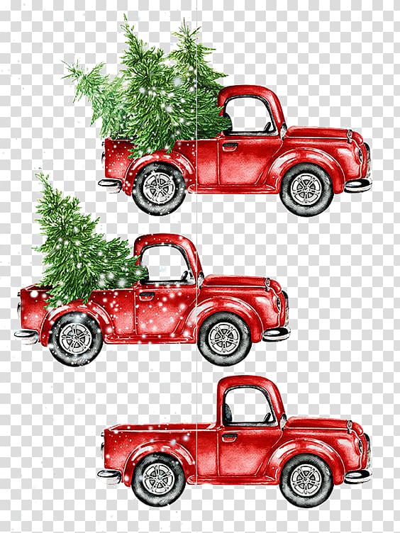 three red pickup truck christmas design illustration, Car Watercolor painting Christmas, Cartoon car transparent background PNG clipart