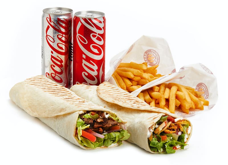 two Coca-Cola beverage cans beside tacos and french fries, Wrap Fast food Shawarma Doner kebab, kebab transparent background PNG clipart