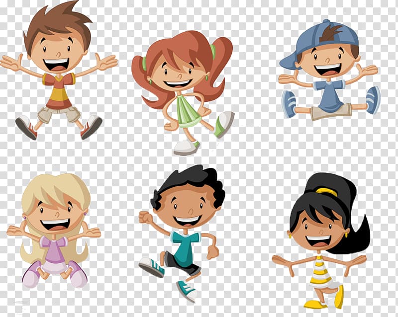 six boy and girl jumping illustration, Child Cartoon Illustration, Cute little child transparent background PNG clipart