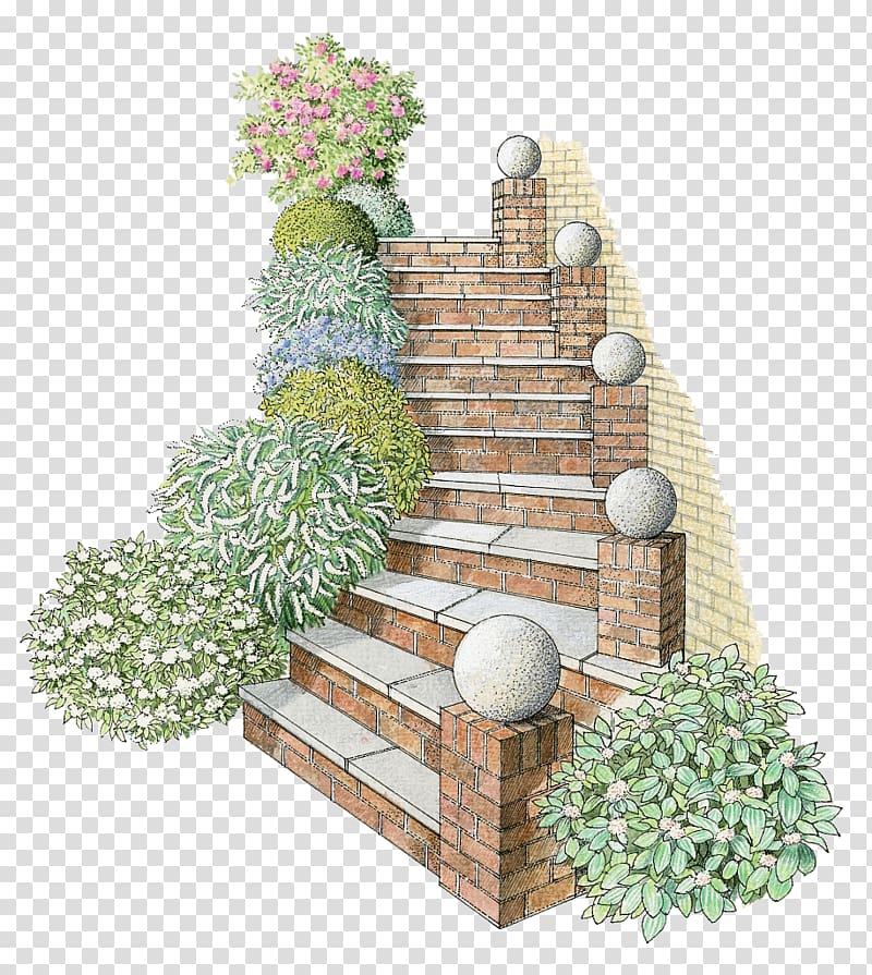 brown brick stairs and plants art, Stairs Brick Drawing Garden, Hand painted square brick stairs transparent background PNG clipart