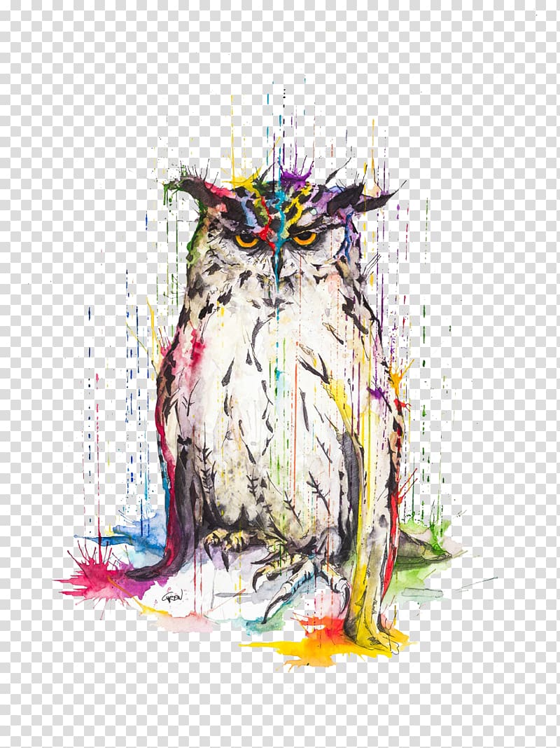 multicolored owl illustration, Great Horned Owl Watercolor painting Art, Design owl watercolor spray transparent background PNG clipart