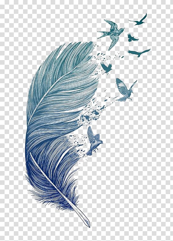 Bird Feather Printmaking Tattoo Printing, Blue feather, blue feather illustration transparent background PNG clipart
