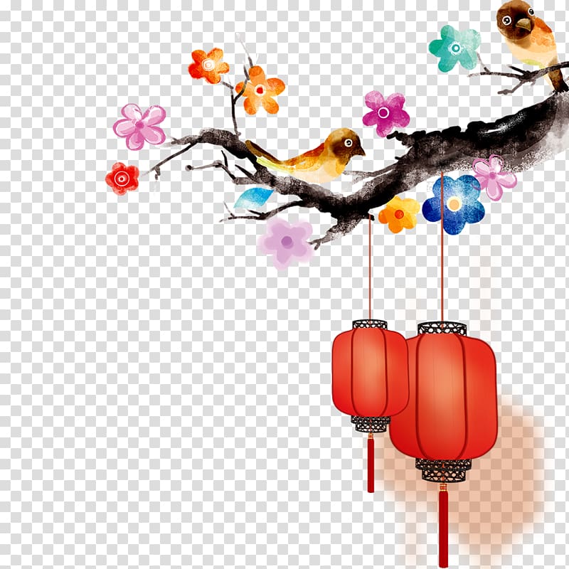 Chinese New Year Watercolor painting Taobao, Hongmei,lantern,new Year,Chinese New Year,Joyous transparent background PNG clipart