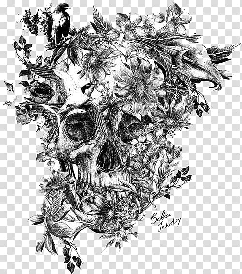 Calavera Sleeve tattoo Skull Black-and-gray, Tattoo, skull and flower pencil sketch transparent background PNG clipart