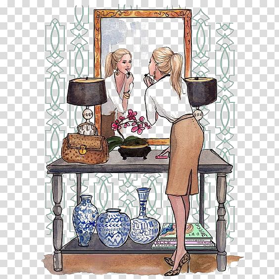 painting of woman applying lipstick in front of mirror, Fashion illustration Drawing Illustrator Illustration, Makeup girls transparent background PNG clipart