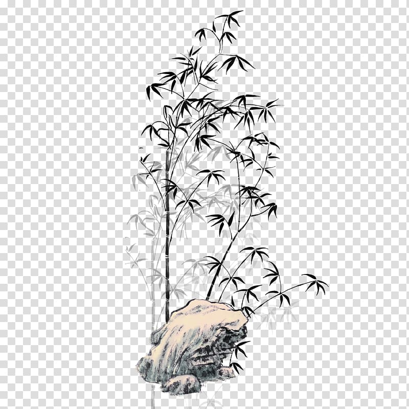 black bamboo tree and white rock illustration, Bamboo Ink wash painting Black and white, bamboo transparent background PNG clipart