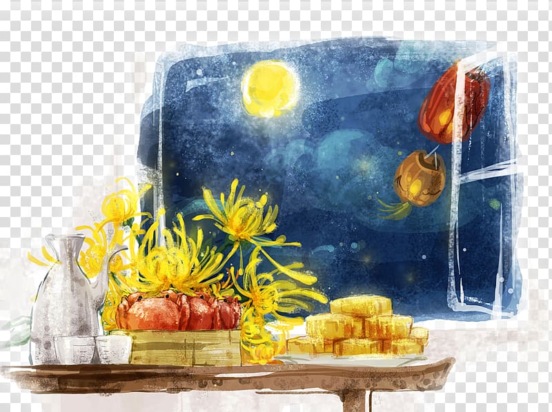 yellow petaled flowers on table near red crabs painting, China Mooncake Mid-Autumn Festival Illustration, Mid Autumn Festival ink painting transparent background PNG clipart