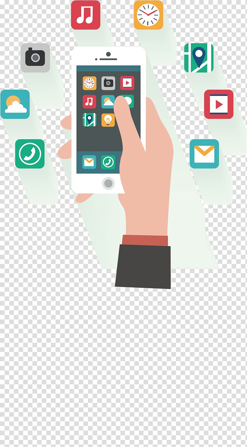 Mobile app development Smartphone Flat design, Hand press mobile phone transparent background PNG clipart