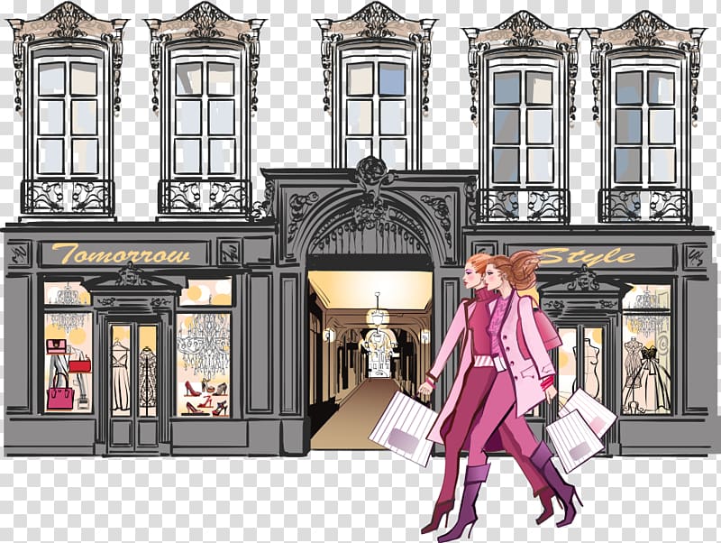 two girls walking in front of building illustration, Paris illustration Illustration, Paris street fashion beauty transparent background PNG clipart