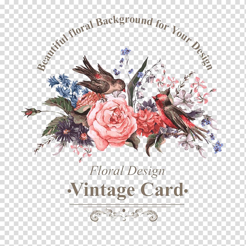 floral design vintage card, Bird Flower Greeting card Illustration, Wedding invitations decorative pattern transparent background PNG clipart