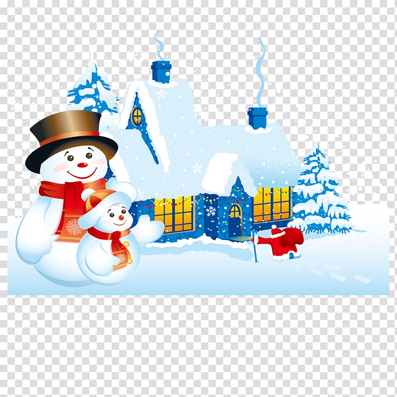 Cartoon Christmas house and snowman transparent background PNG clipart