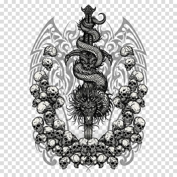 Tattoo Sword Samurai , dragon skull transparent background PNG clipart