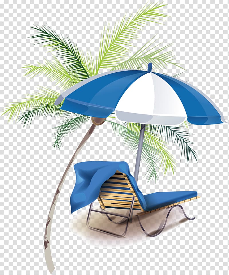 beach lounger chair with umbrella beside coconut tree , Summer vacation Summer vacation, Creative Summer Vacation transparent background PNG clipart