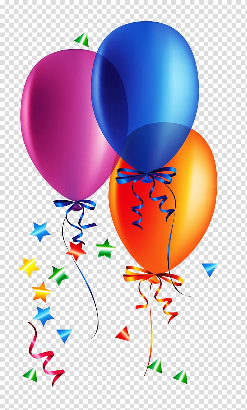 Birthday customs and celebrations Balloon Party , Balloons with Confetti , three blue, orange, and pink balloons illustration transparent background PNG clipart