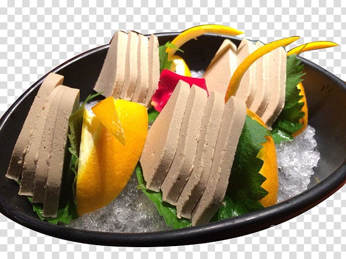 Sashimi Foie gras Liver Sake Food, Lemon gras transparent background PNG clipart